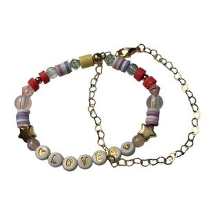 Two Handmade Bracelets - Gold Chain Hearts and Lover Friendship Bracelet Stack